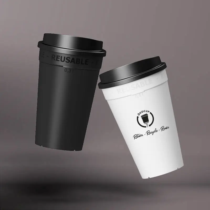 Ökocup Becher mit Deckel weiß oder schwarz mit Branding