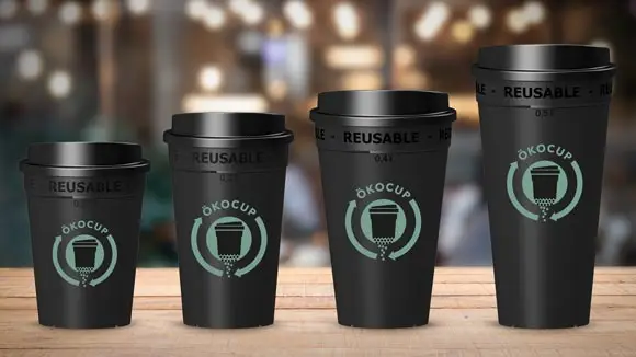 Mehrweg Kaffeebecher schwarz mit Logo