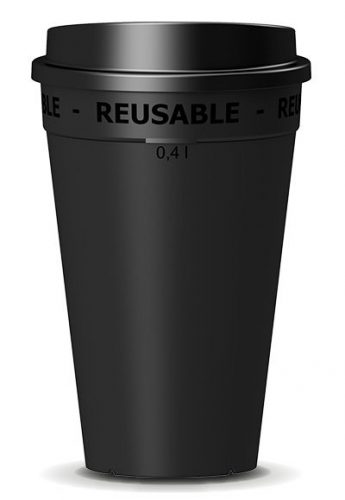 Genanvendelig kop 0,4 l sort med låg - bæredygtigt fremstillet i Tyskland